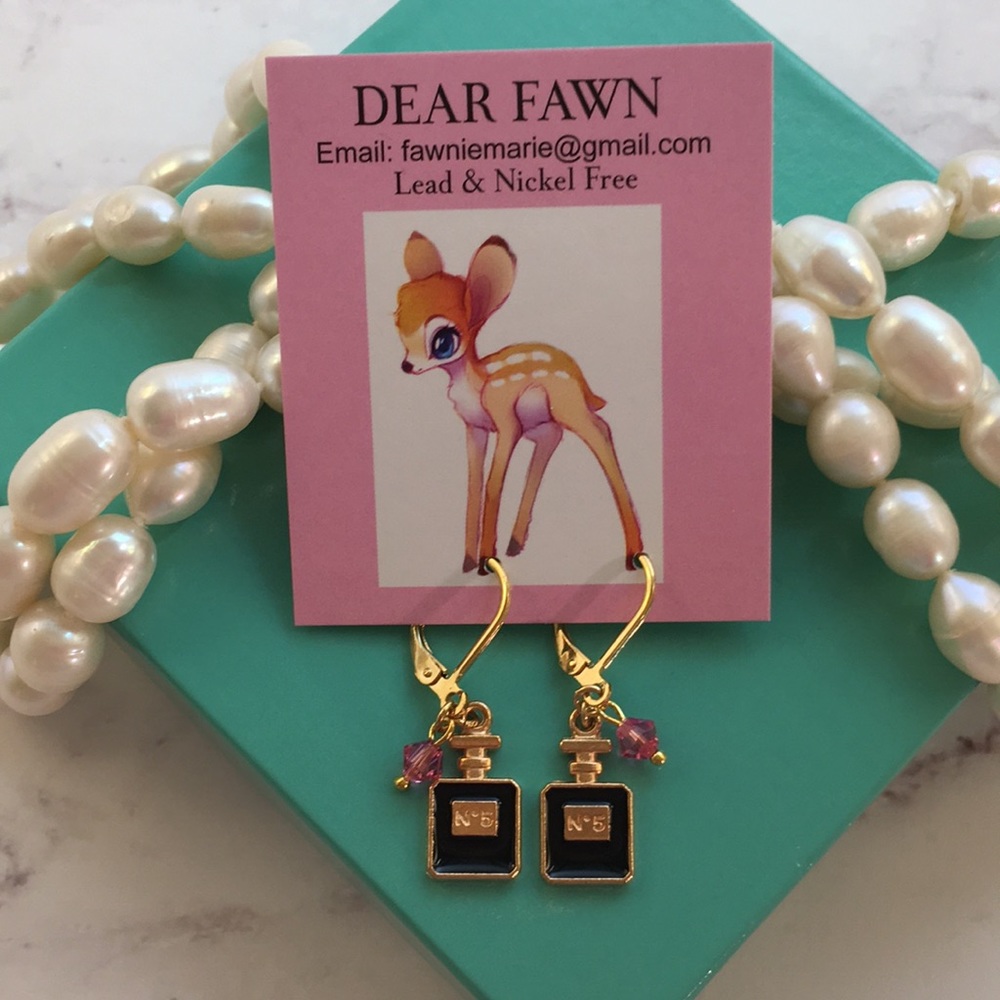 New Tiny Chanel N•5 Paris Black Bottle of Perfume Gold Hypoallergenic Earrings